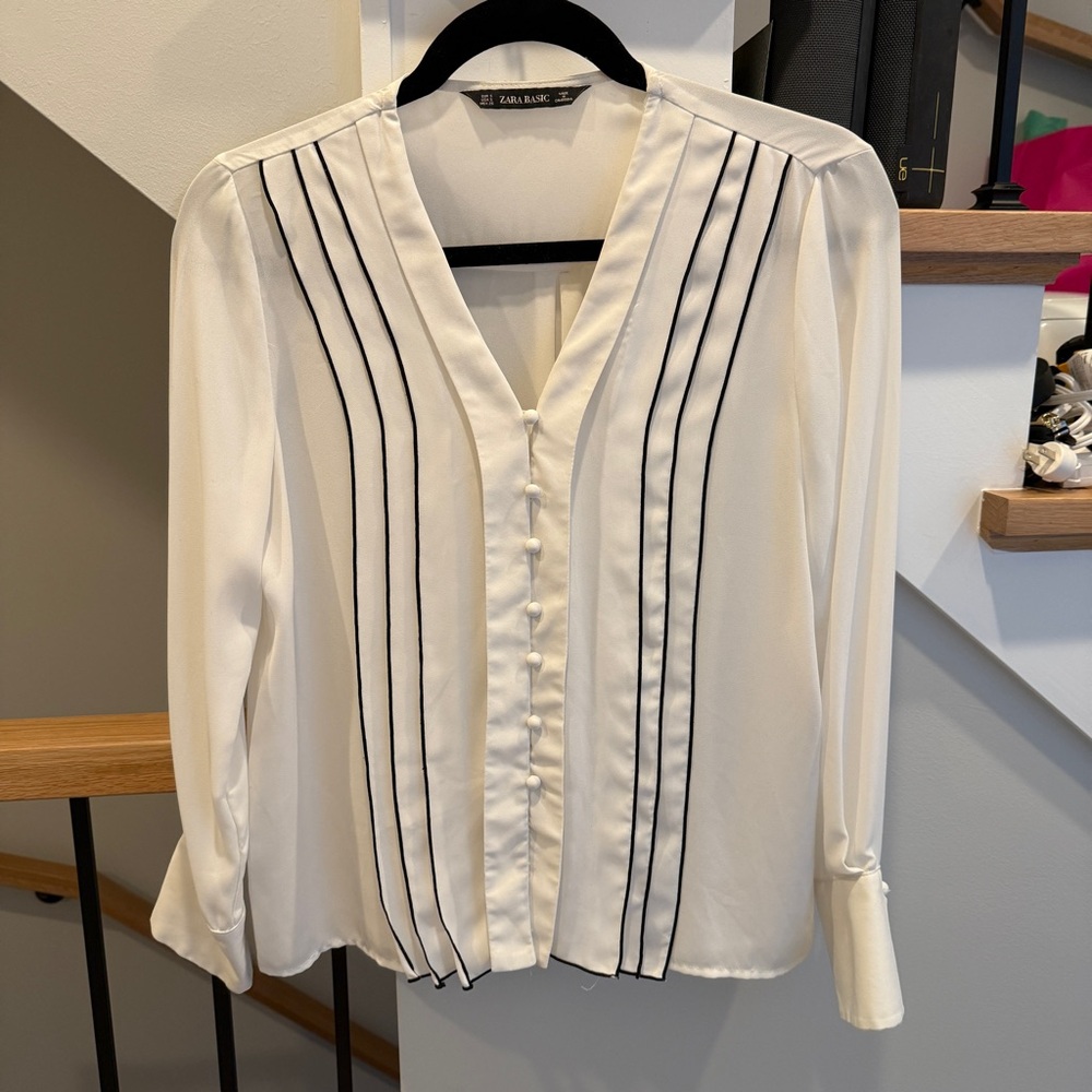 Zara Cream 3/4 Sleeve Bib Collar Blouse